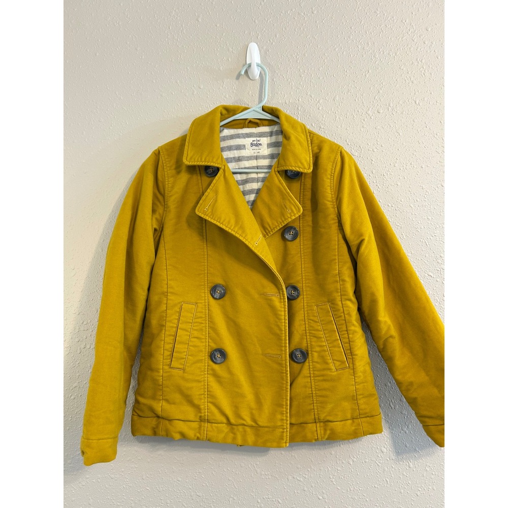 Mini Boden Yellow Pea‎ Coat preppycore Kids Size 13-14Y Cotton Striped Lining